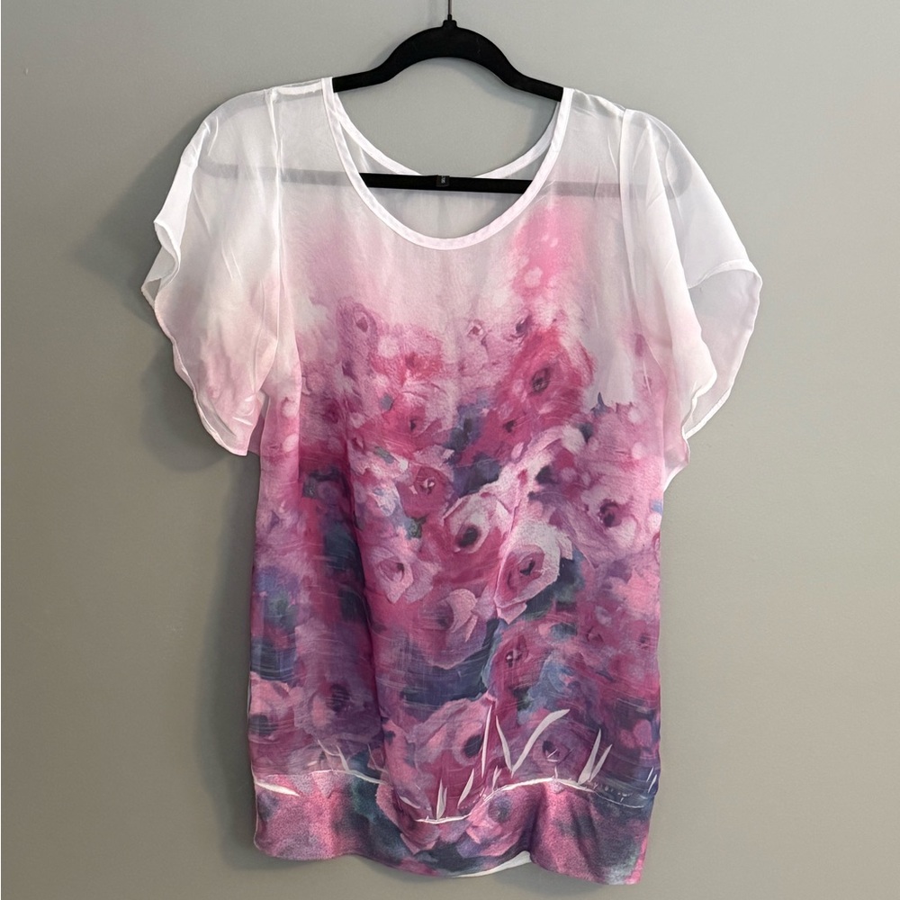 Maurices White and Pink Floral Ombre Chiffon Blouse